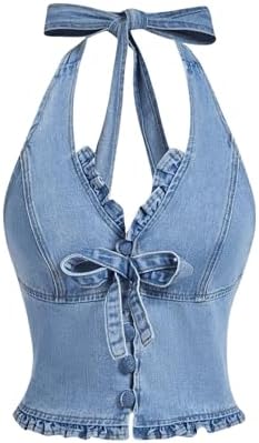 OYOANGLE Women's Frill Trim V Neck Denim Halter Top Tie Backless